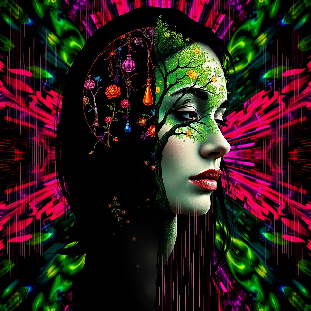 Bold abstract woman with black transparent hand and neon hair