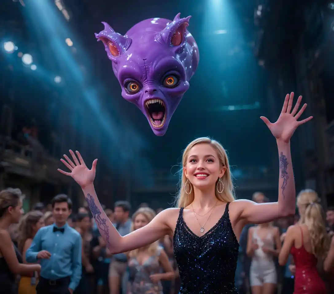 Excited blonde girl celebrating at a crowded party