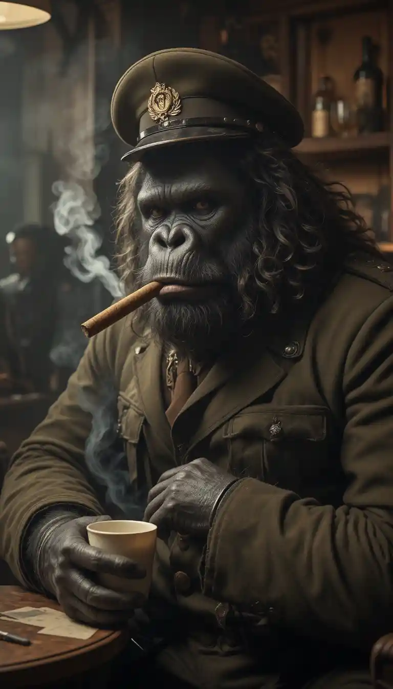 Gorilla muscoloso in uniforme militare vintage che fuma in una stanza in penombra