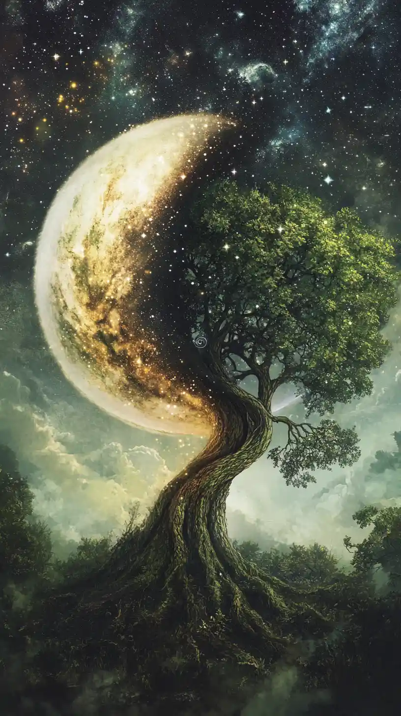 Yin yang of cosmic galaxy tree and ancient rooted tree