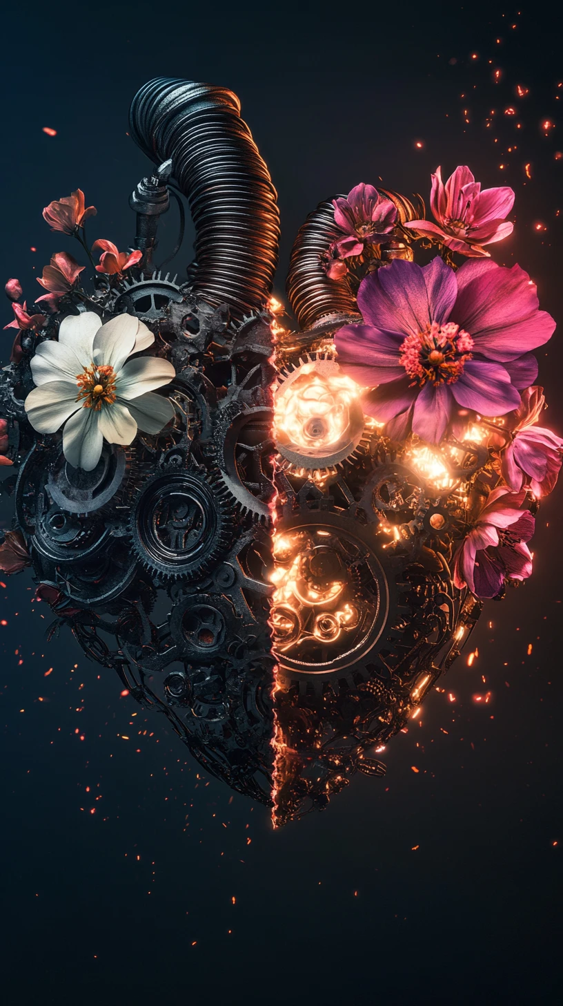 Surreal heart of flowers and gears glowing with inner light