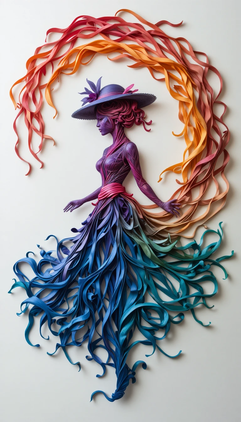 Colorful ribbon silhouette of a woman in a stylish hat