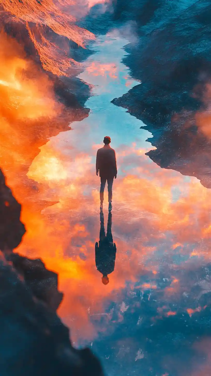 Figure Crossing From Reality Into A Floating Dreamscape