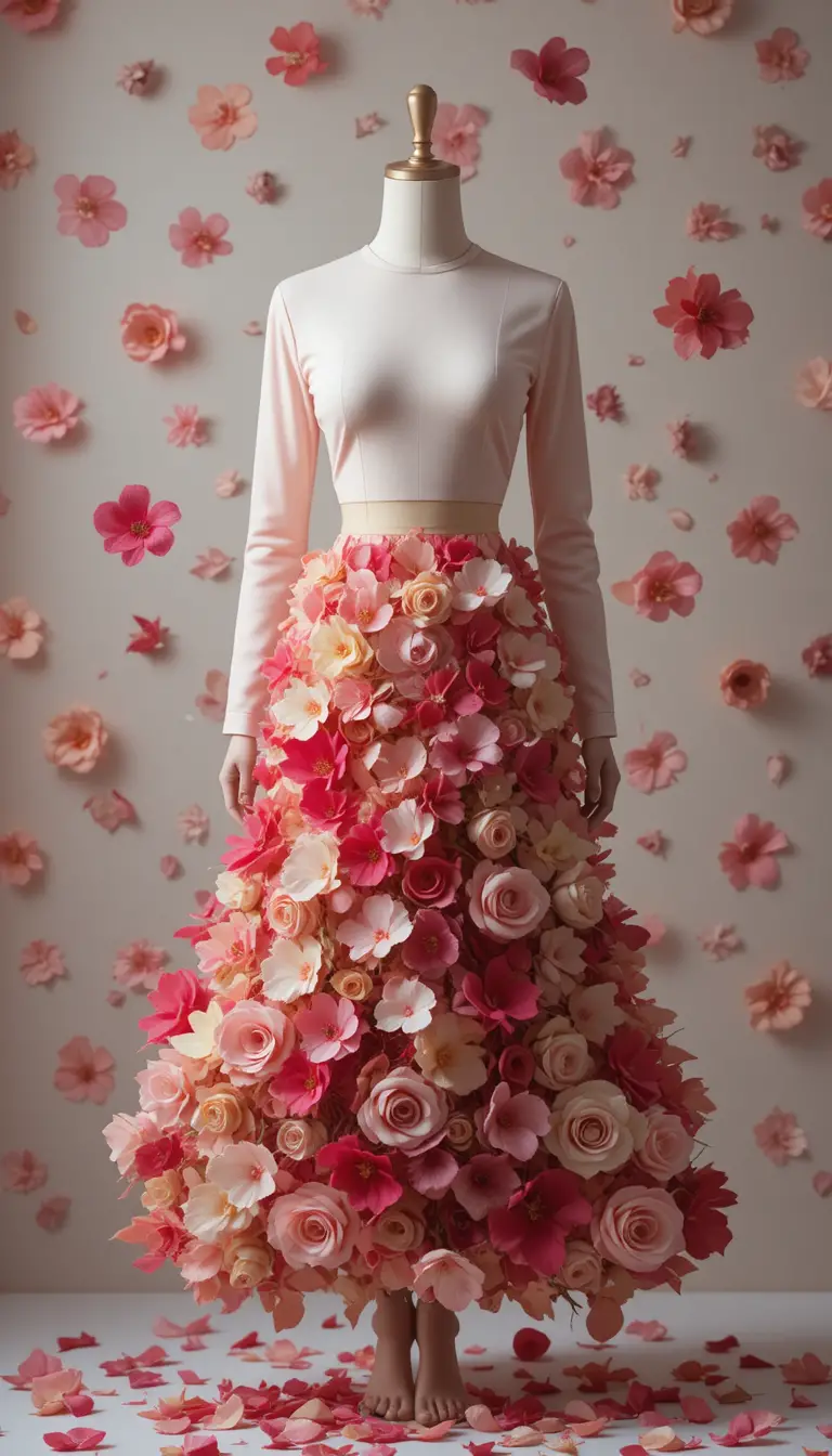 Elegant floral petal dress floating against a soft background