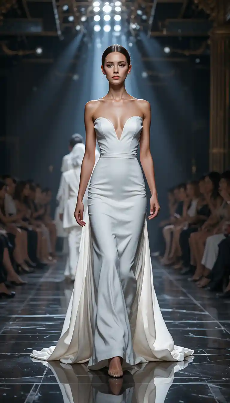 Elegant model in white gown on luxury fashion runway