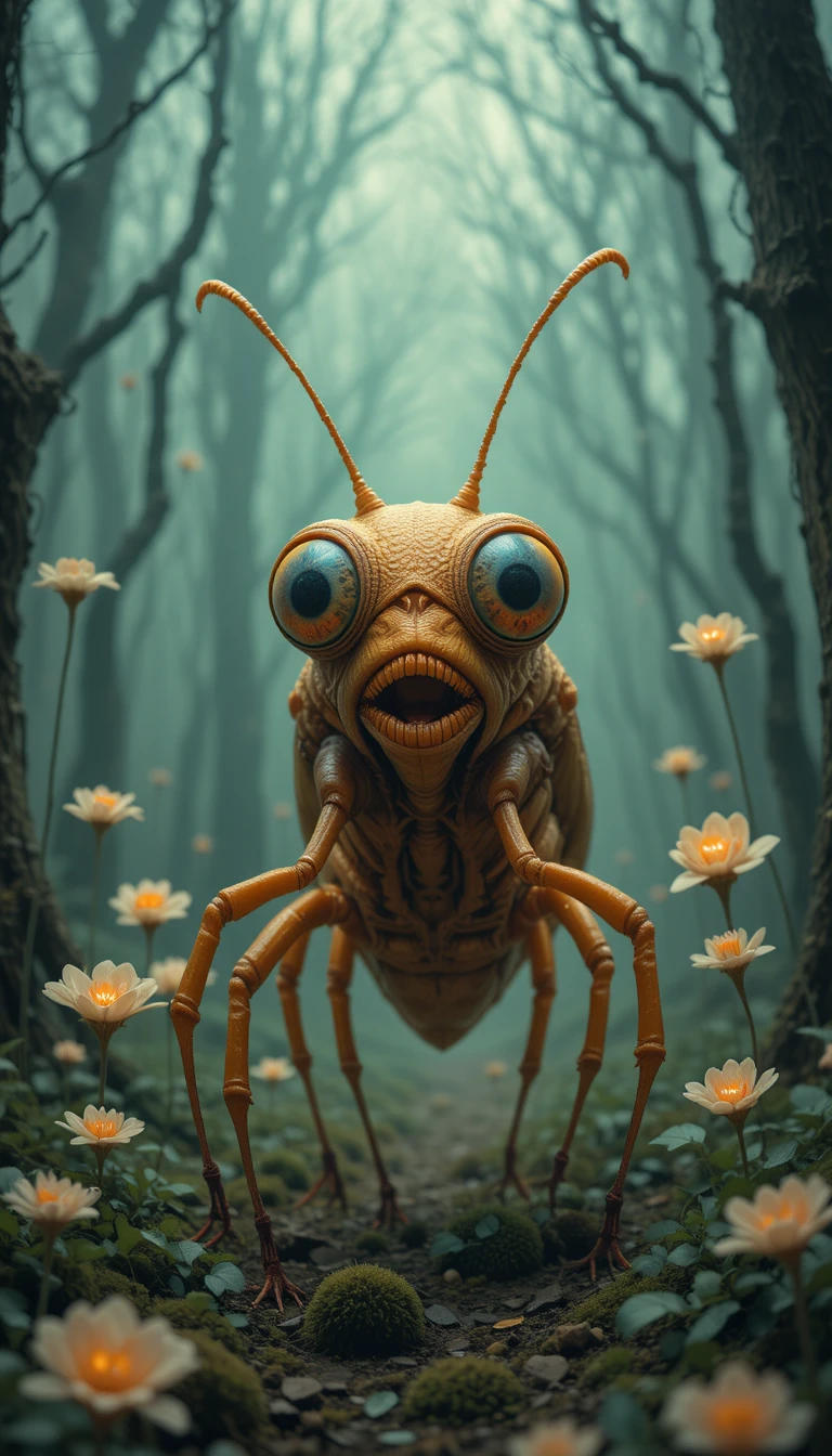 Surreal insect with huge eyes in a foggy forest