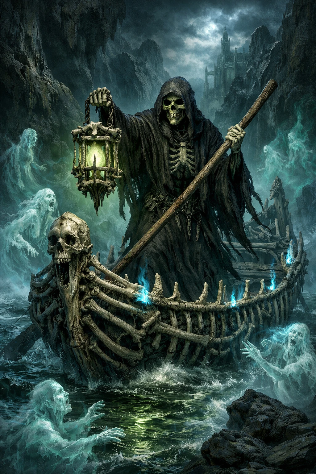 Grim Reaper rowing a bone boat on the river Styx