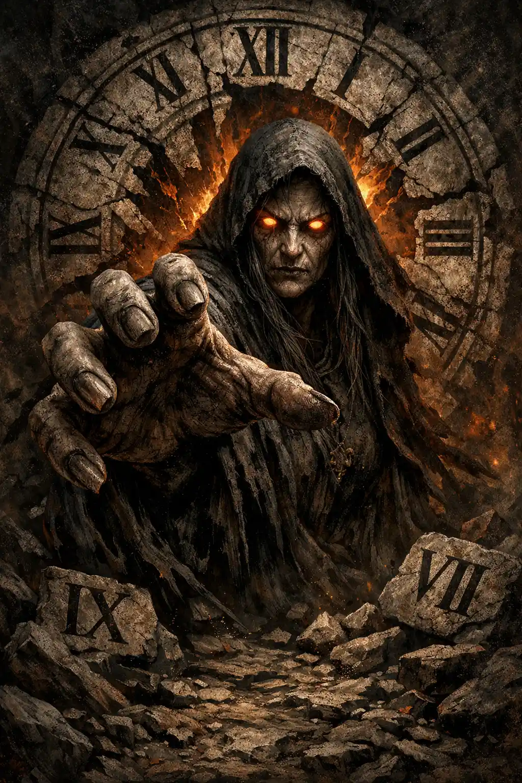Hooded woman of time emerging before a shattered clock