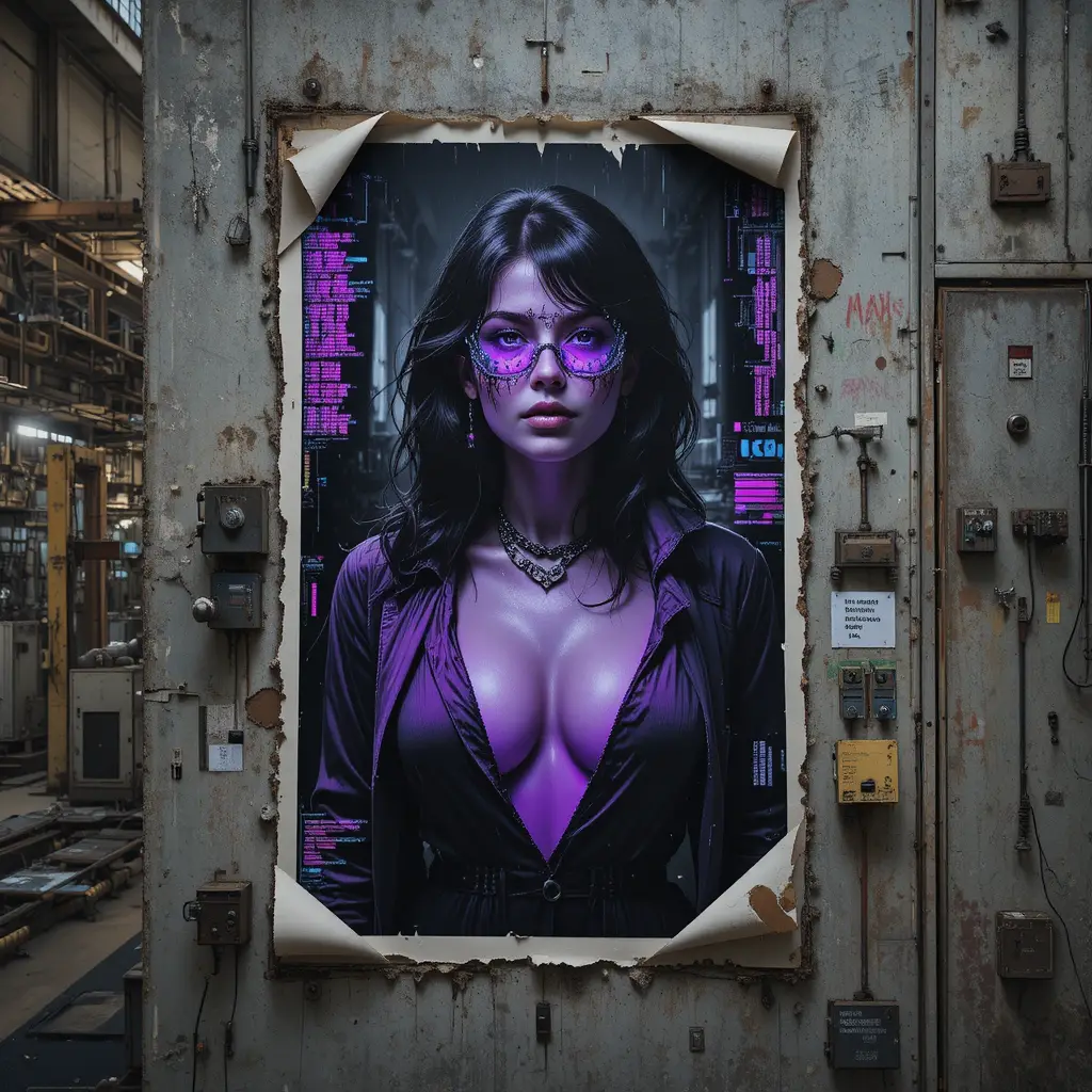 Primo piano di donna su poster degradato in una vasta area industriale