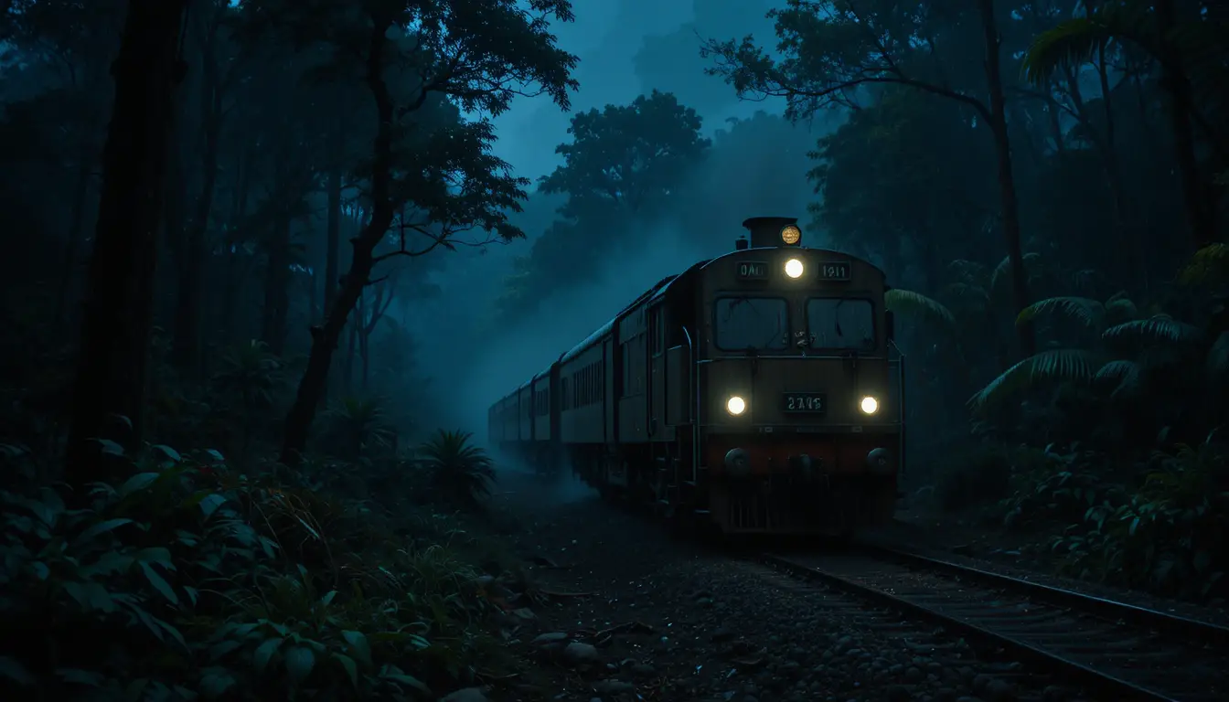 Treno notturno che attraversa una giungla nebbiosa sotto la pioggia