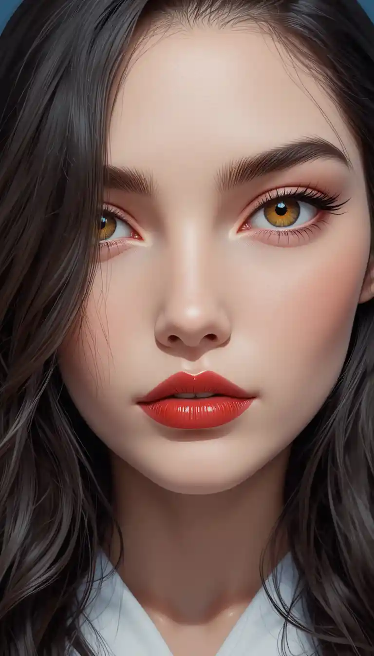 Serious anime woman with yellow eyes on blue background