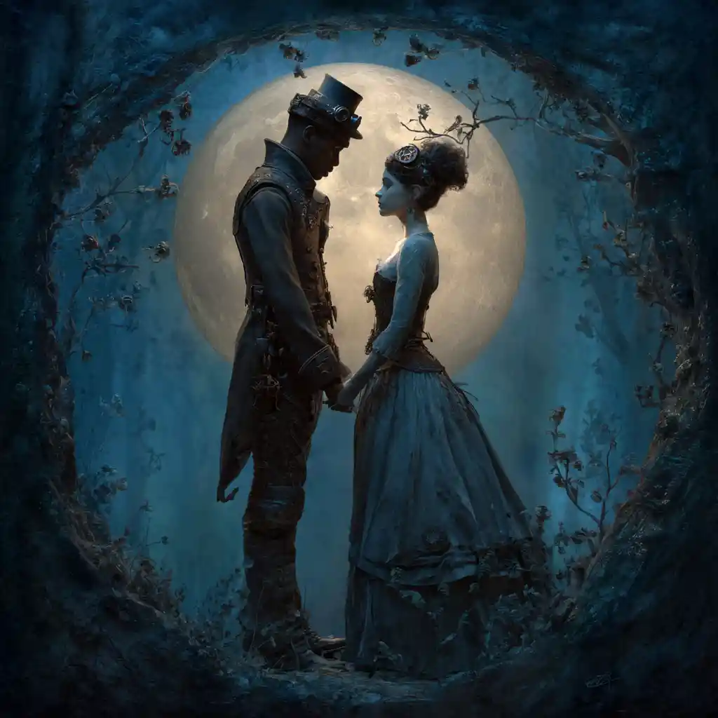 Dark steampunk couple holding hands in moonlit forest
