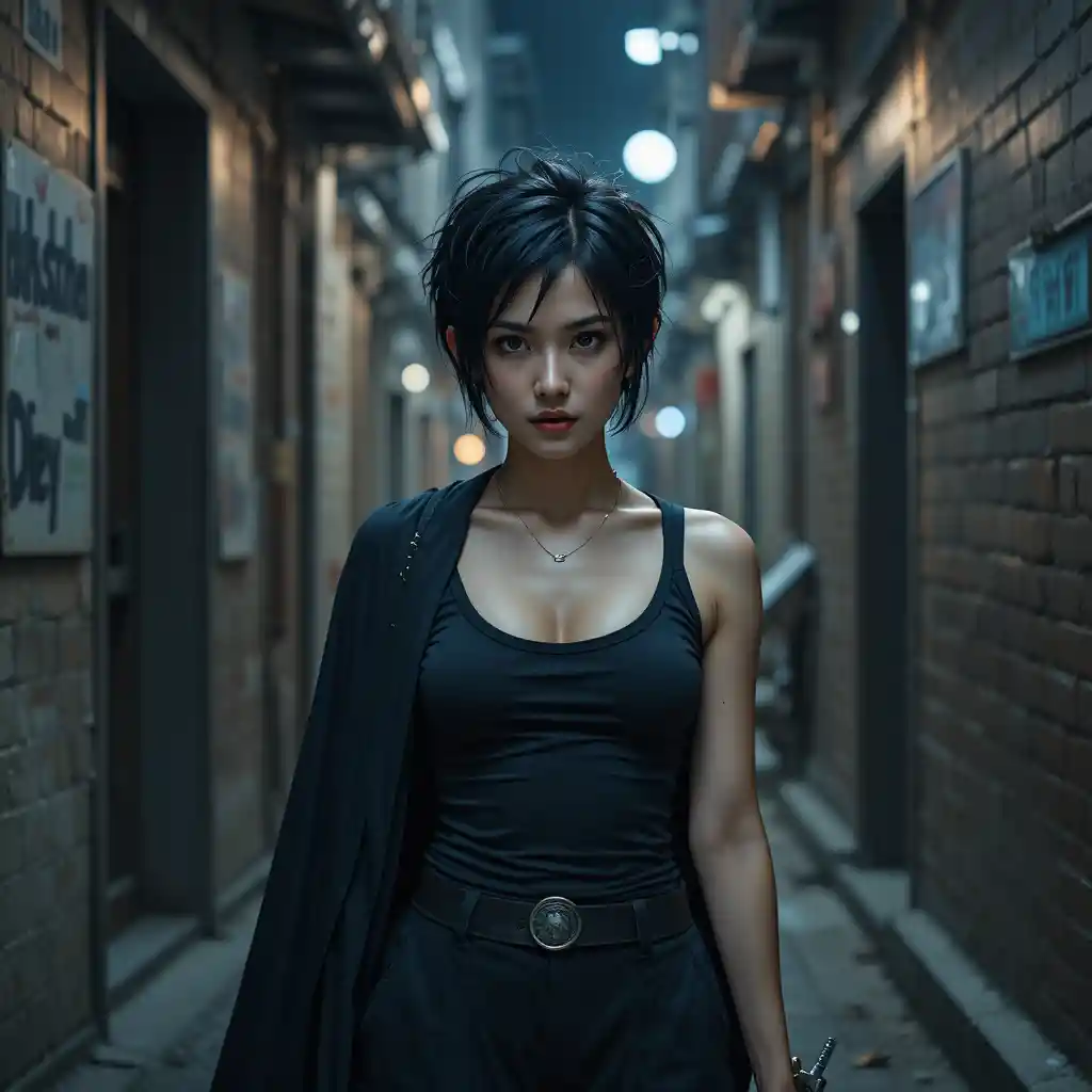 Dark haired warrior woman with sword in moonlit alley