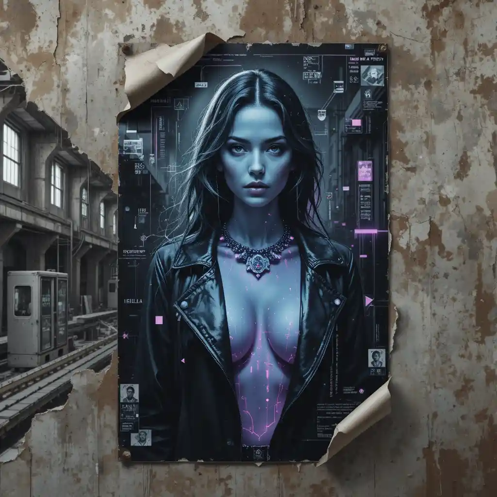 Close up woman on decayed poster in abandoned factory