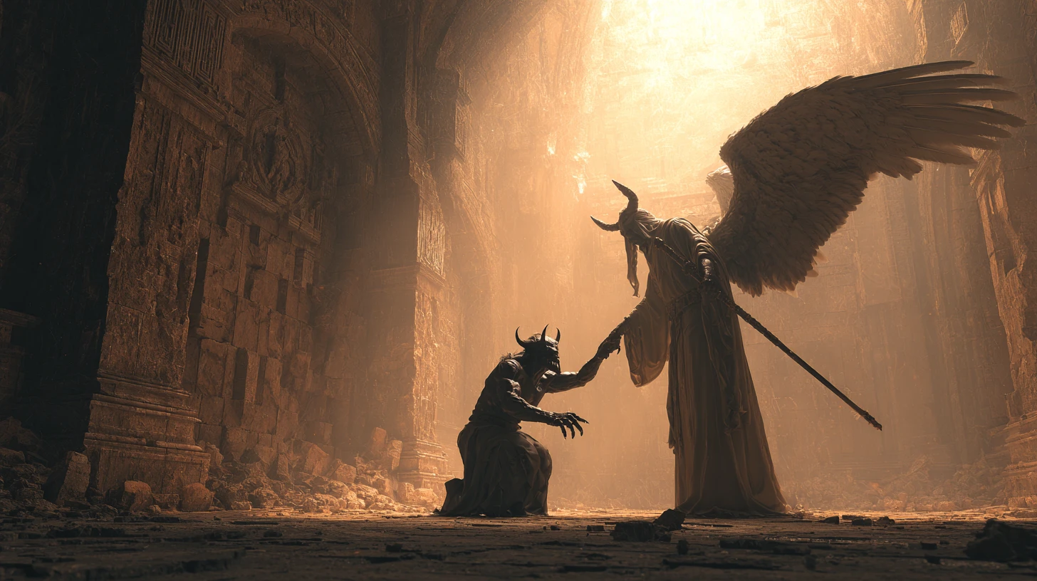 Archangel offering salvation to a weeping ancient demon
