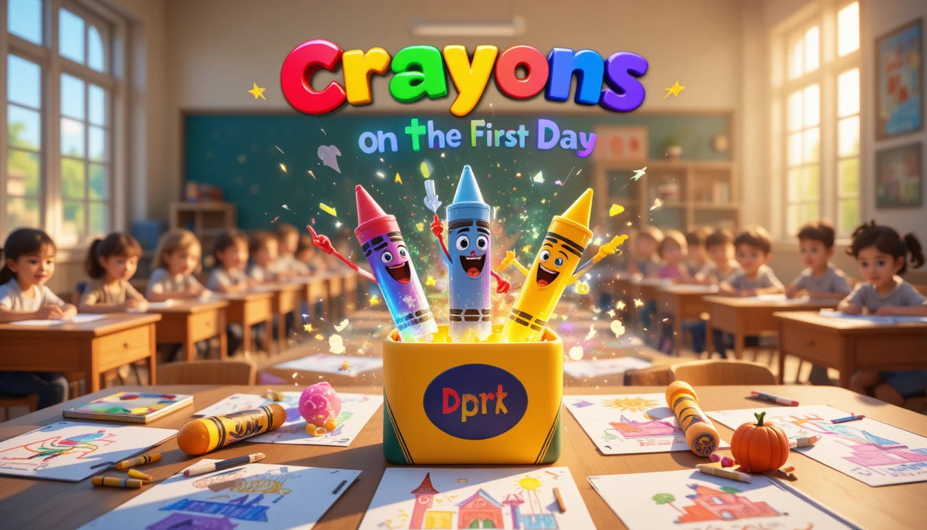 Colorful 3D crayons jumping from a box in class