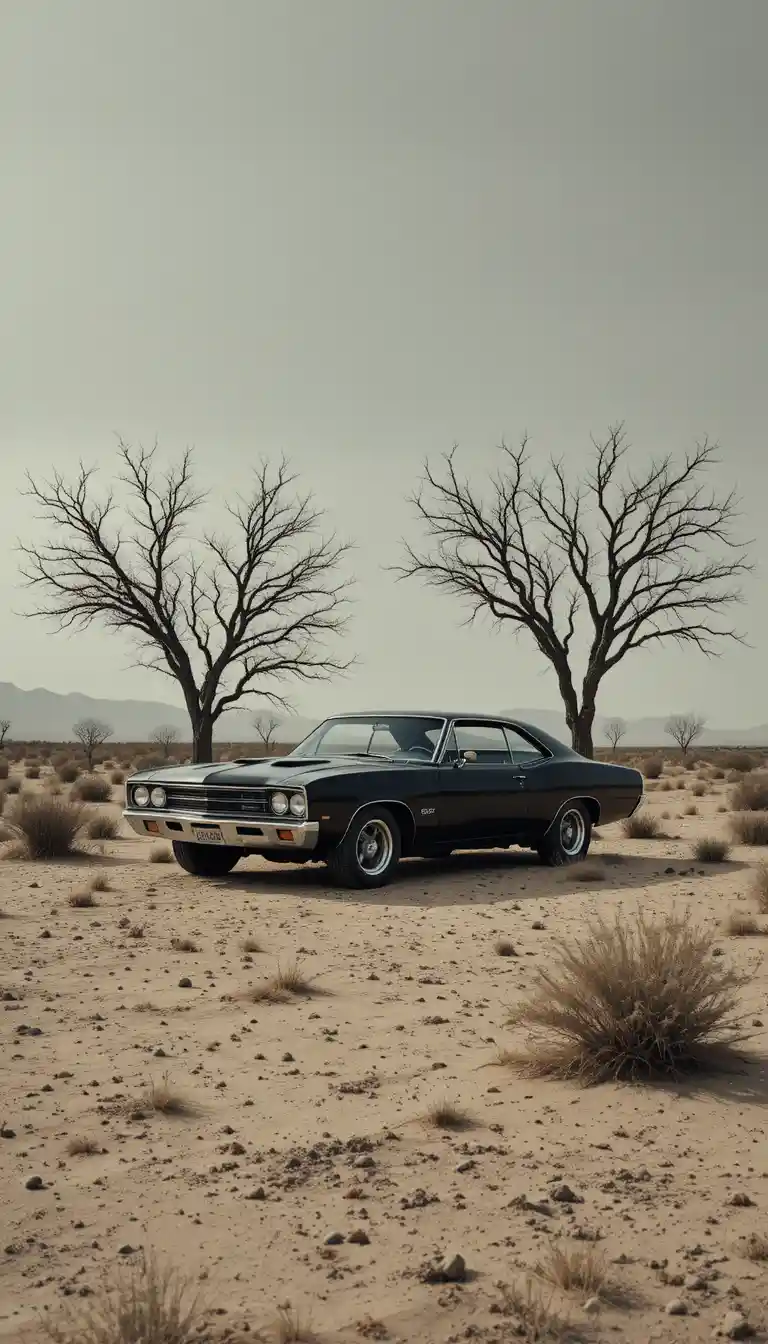 Vintage muscle car in a bleak desert with bare trees