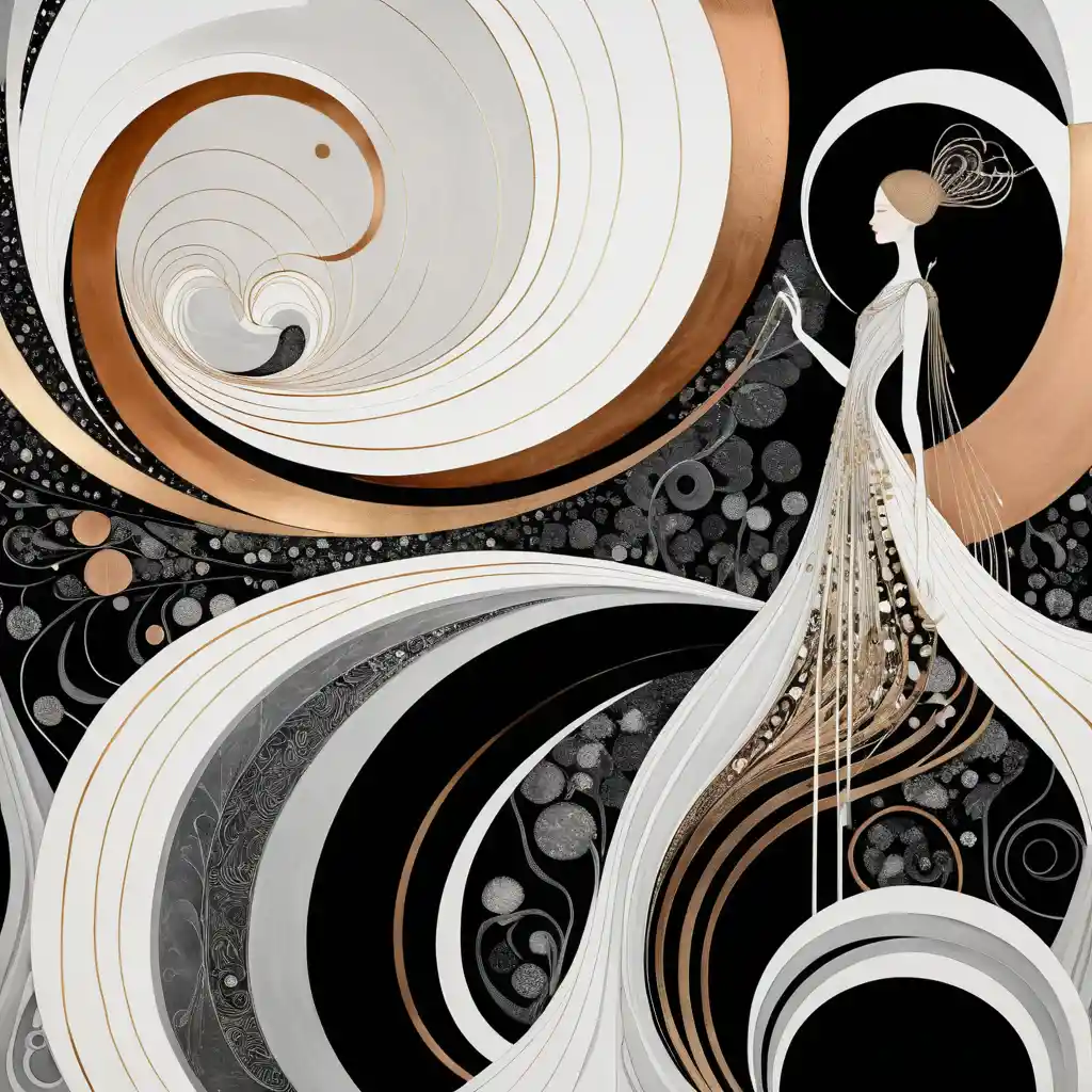 Abstract feminine figure with flowing metallic lines