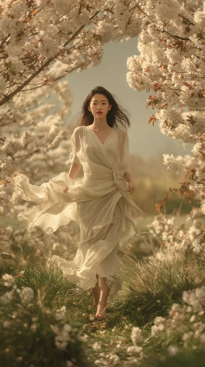 Chinese woman in white dress walking through flower field