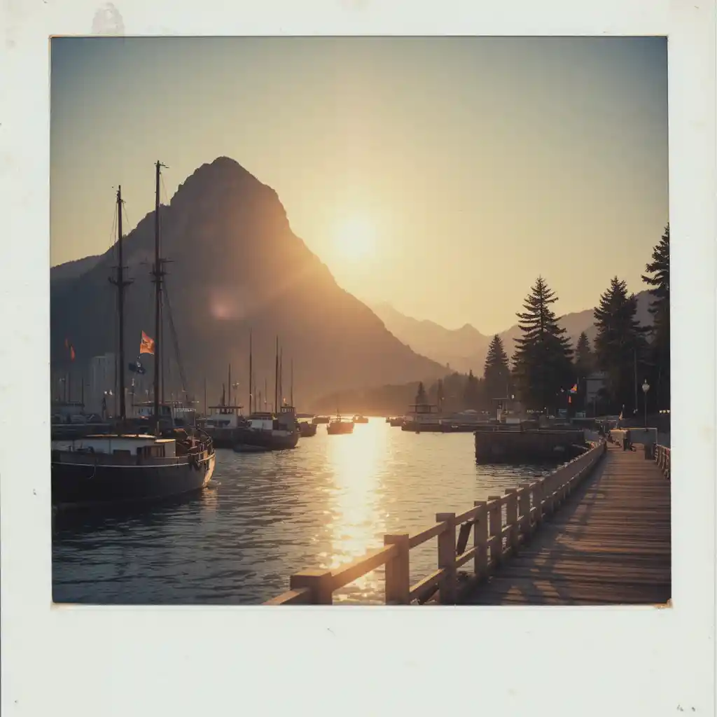 Peaceful harbor at sunset with mountain and sparkling water