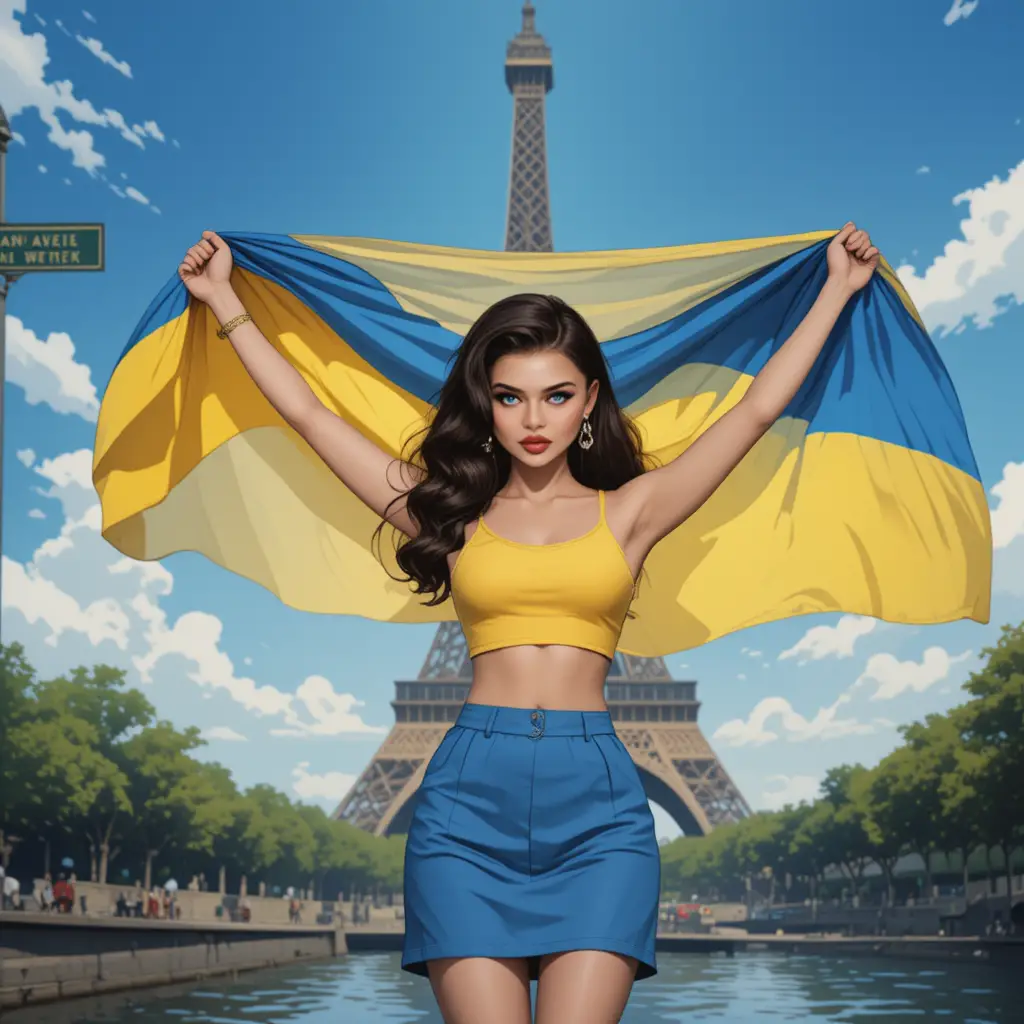 Junge Frau mit ukrainischer Flagge am Eiffelturm