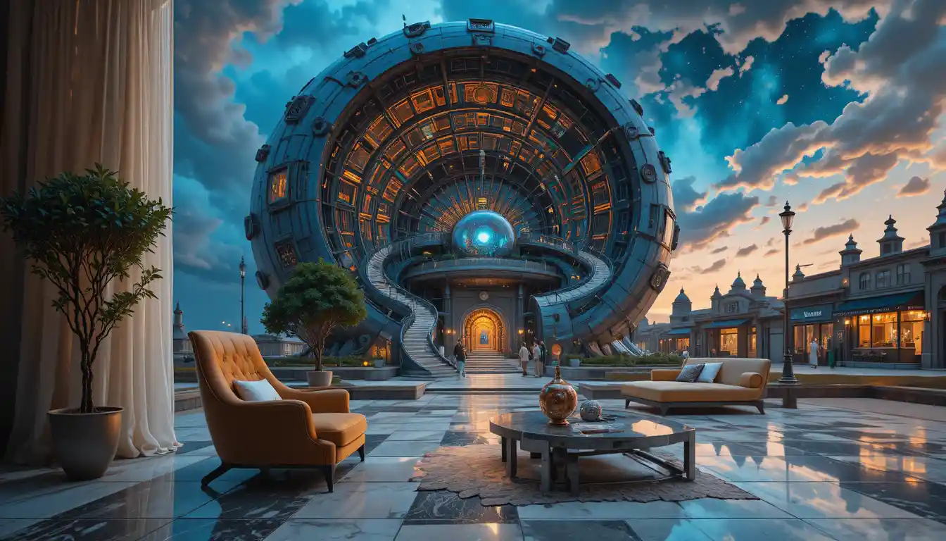 Futuristic spiral building glowing under a twilight sky