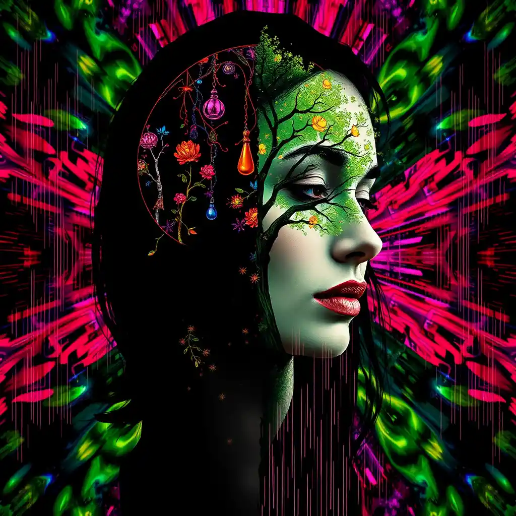 Bold abstract woman with black transparent hand and neon hair