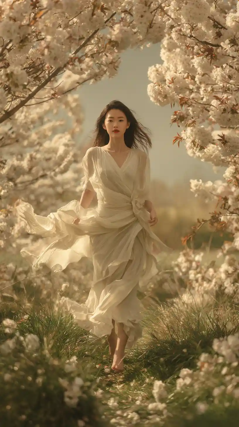 Chinese woman in white dress walking through flower field