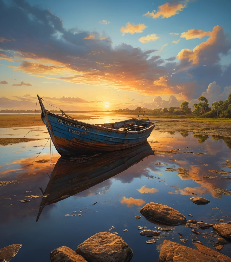 Abandoned Fishing Boat On Orinoco River At Colorful Sunset
