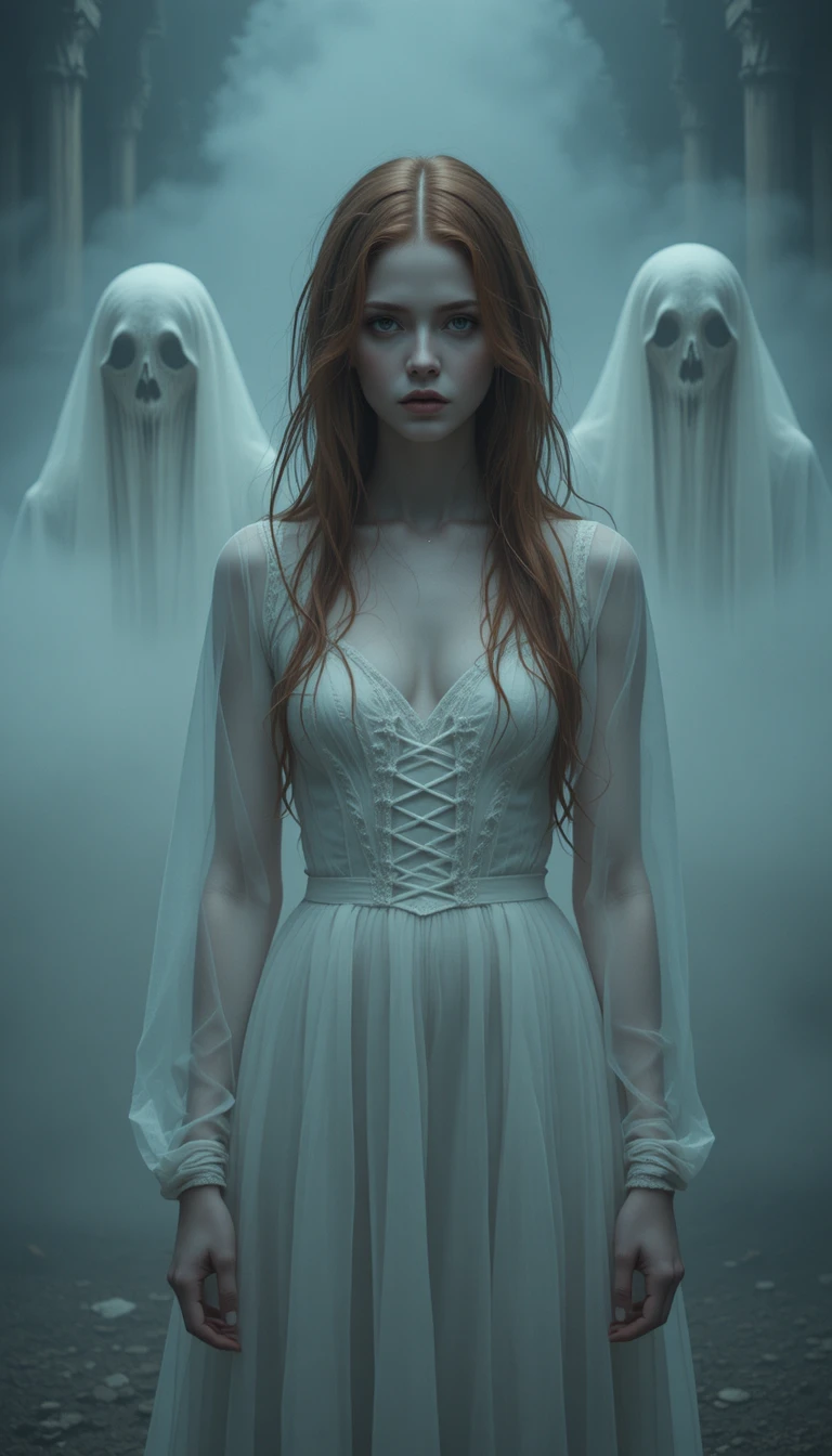 Red haired girl in white dress amid ghosts and fog
