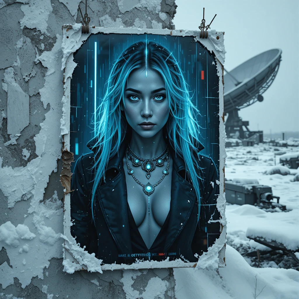 Weathered propaganda poster on a frozen arctic metal wall