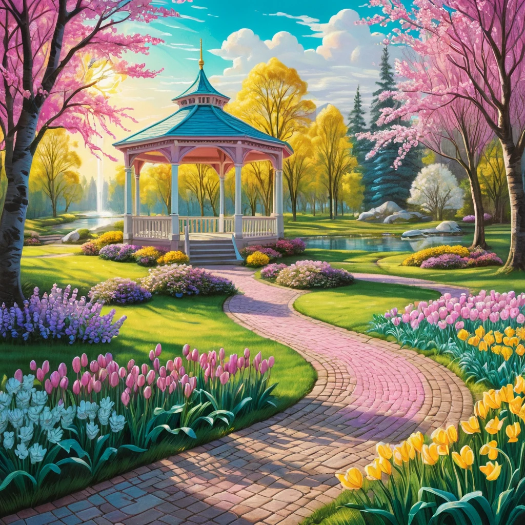Ilustração de caminho em parque na primavera com flores e raios de sol