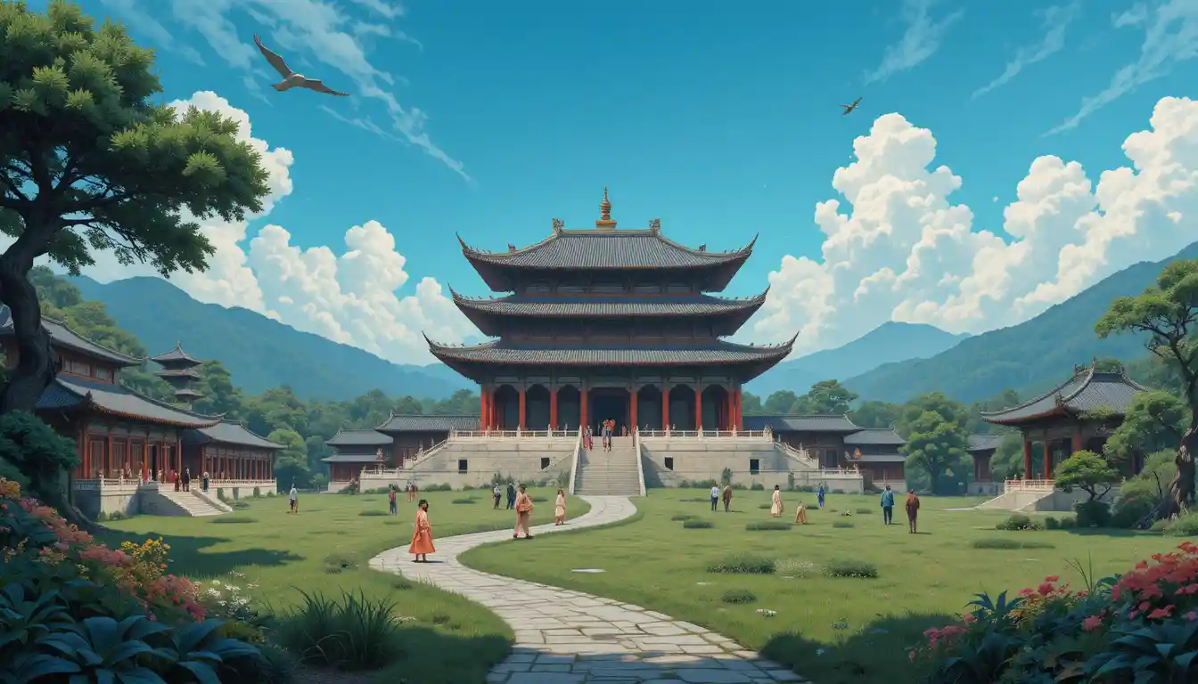 Majestic ancient Chinese temple in lush green landscape