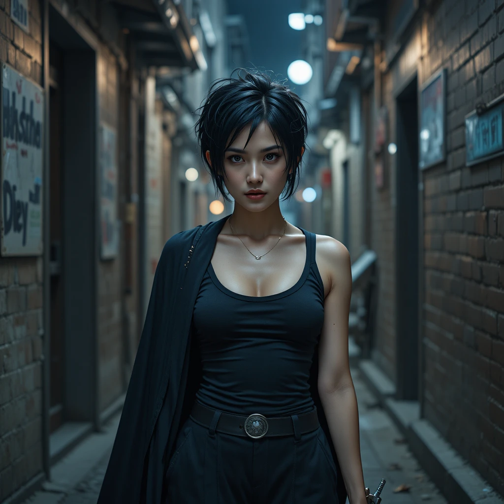 Dark haired warrior woman with sword in moonlit alley