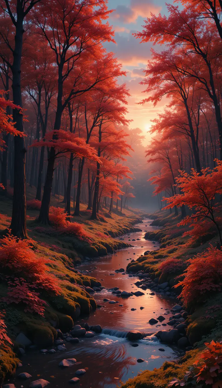 Magical autumn forest stream under a glowing sunset sky
