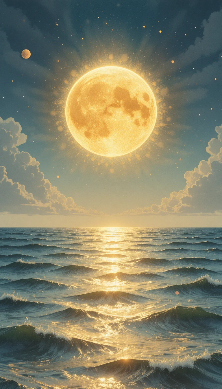 Acquerello digitale tranquillo con sfere luminose sopra l’oceano