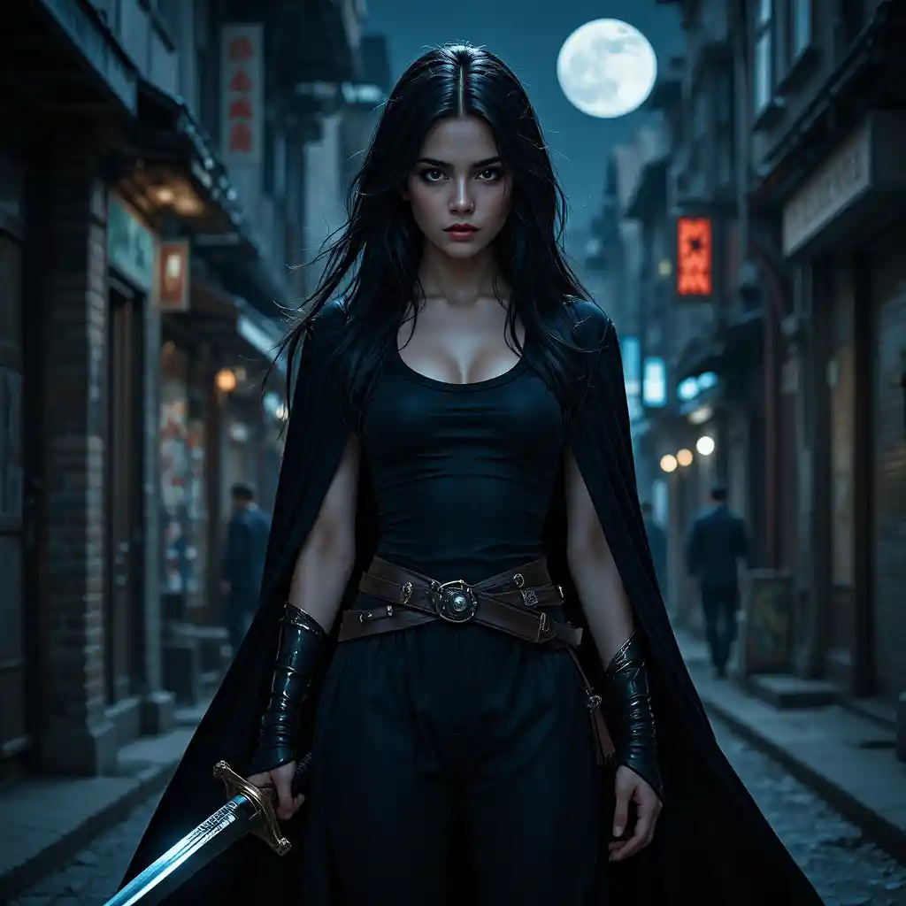 Dark haired warrior woman in a moonlit city alley