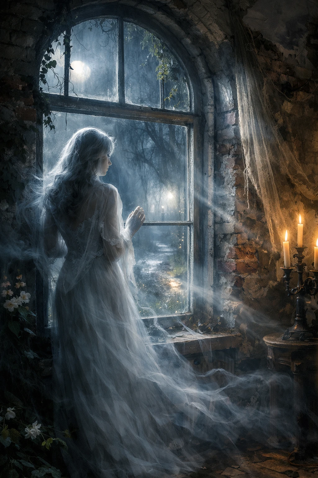Ethereal gray lady at a haunted window of warped brick