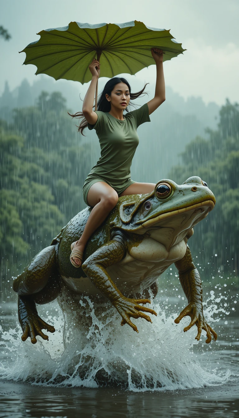 Surreal woman riding a giant bullfrog through heavy rain