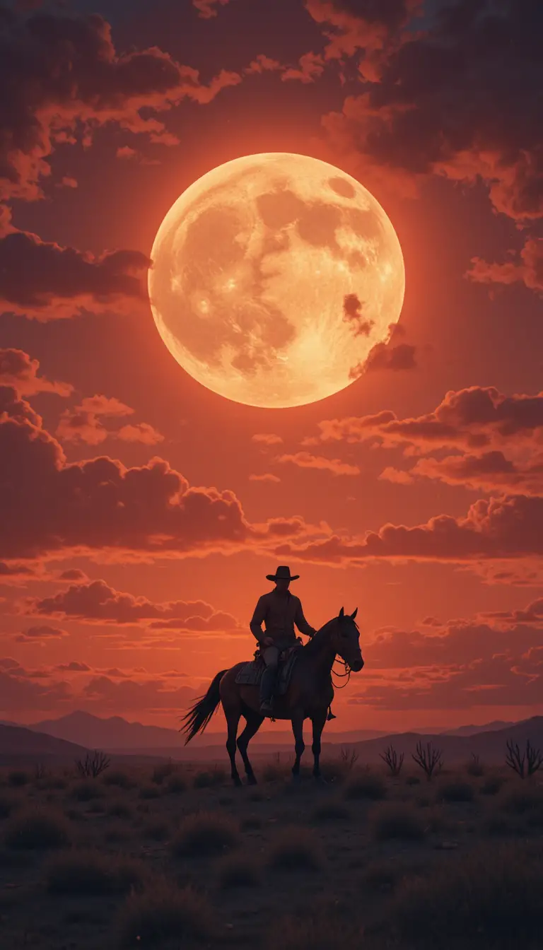 Cowboy solitario a cavallo contro un tramonto infuocato nel deserto