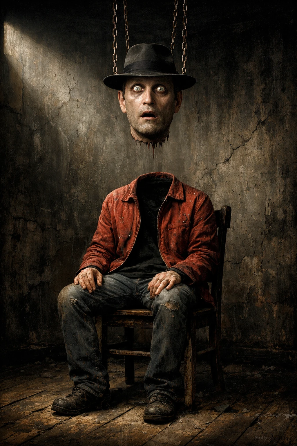 Surreal headless figure beneath a chained fedora clad head