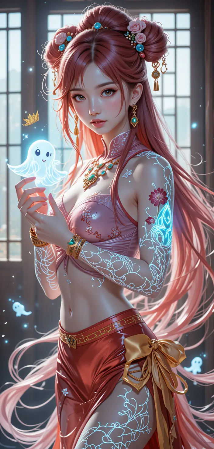 Donna anime con capelli cremisi e tatuaggi di fata luminosi