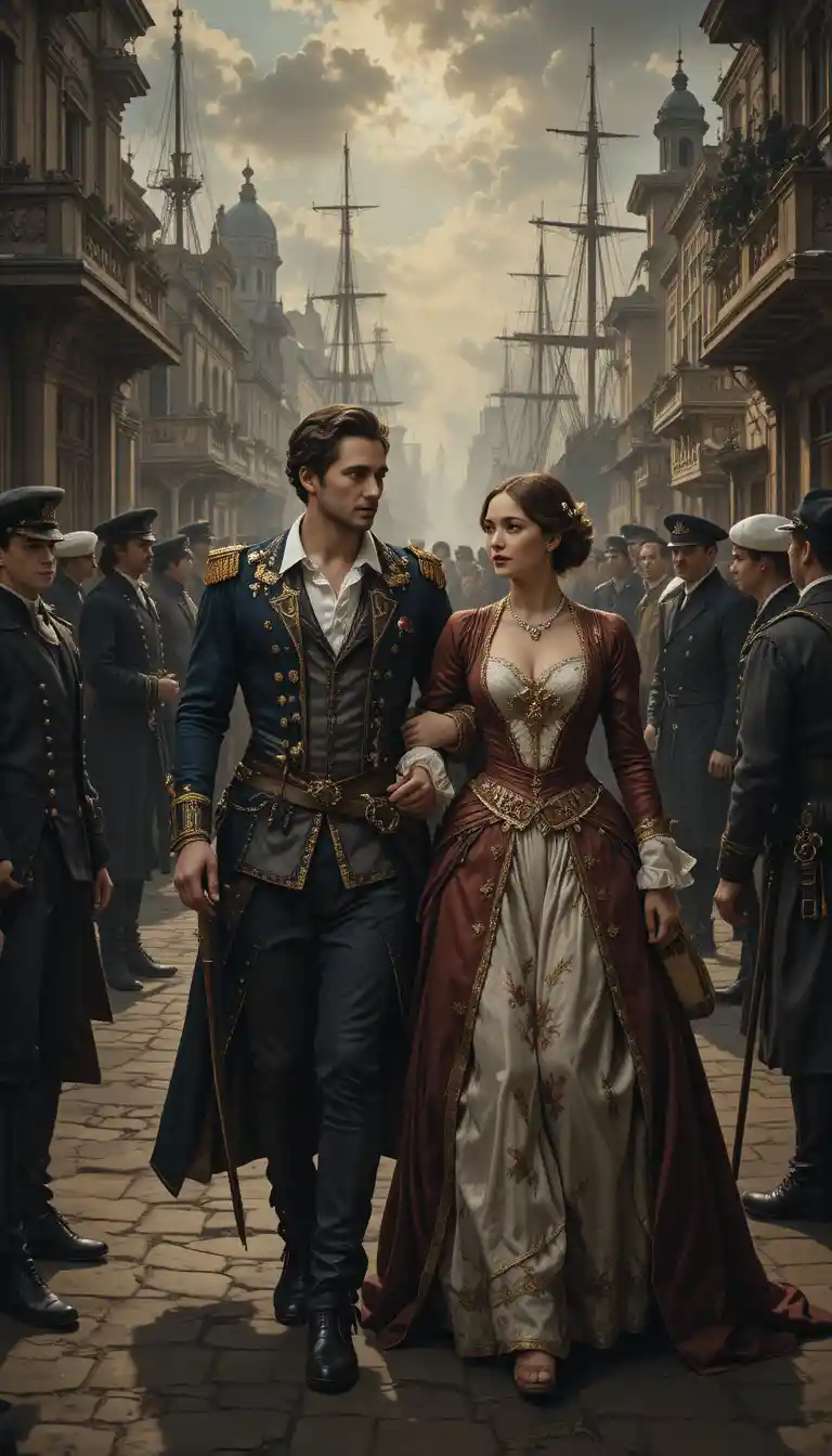 Noble couple walking through a bustling baroque harbor scene