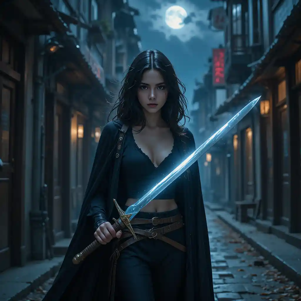 Dark haired warrior woman in a moonlit city alley