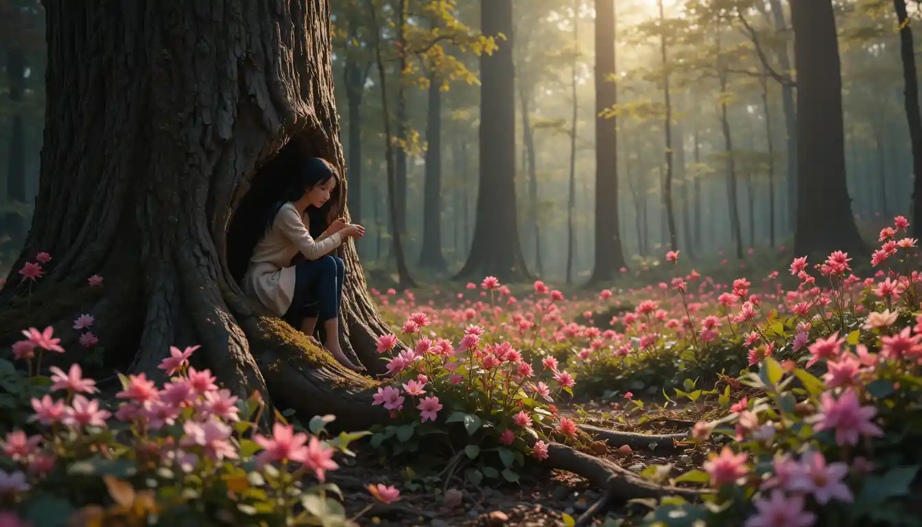 Junge Frau sammelt Wildblumen in einem stilisierten Wald