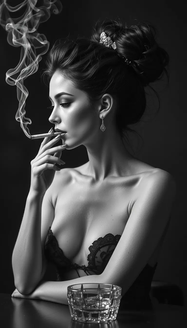 Elegant black and white portrait of a smoking woman