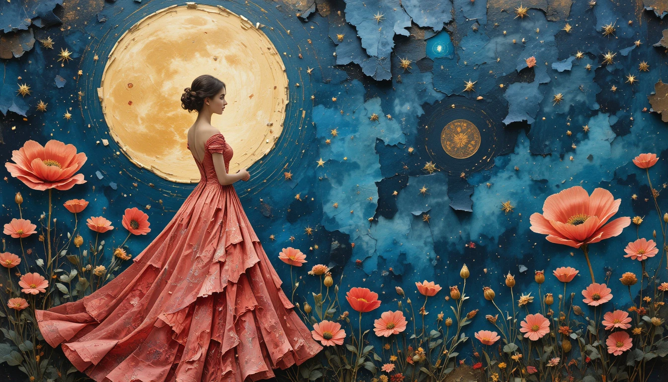 Elegante Frau im Couture-Kleid, die den Mond betrachtet