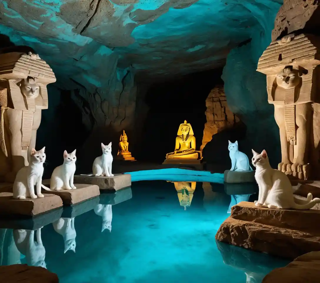 Mystical underground shrine with glowing pool and white cats