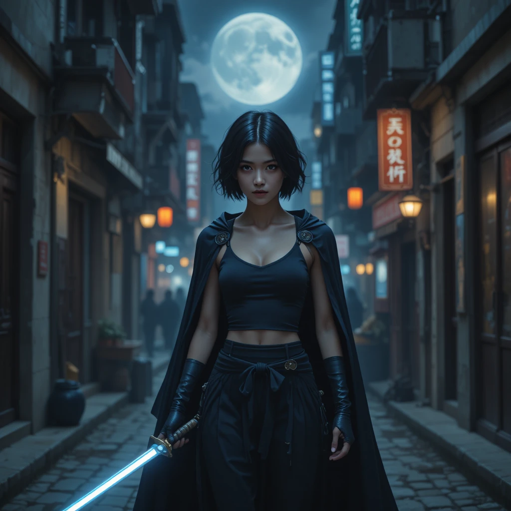 Determined female warrior in a moonlit city alley