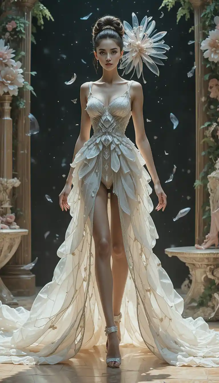 Surreal full body fashion woman in sculptural oval dress